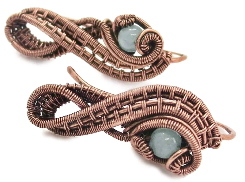 Woven Copper and Custom Gemstone Ear Pins; "Ball Ribbon" Model