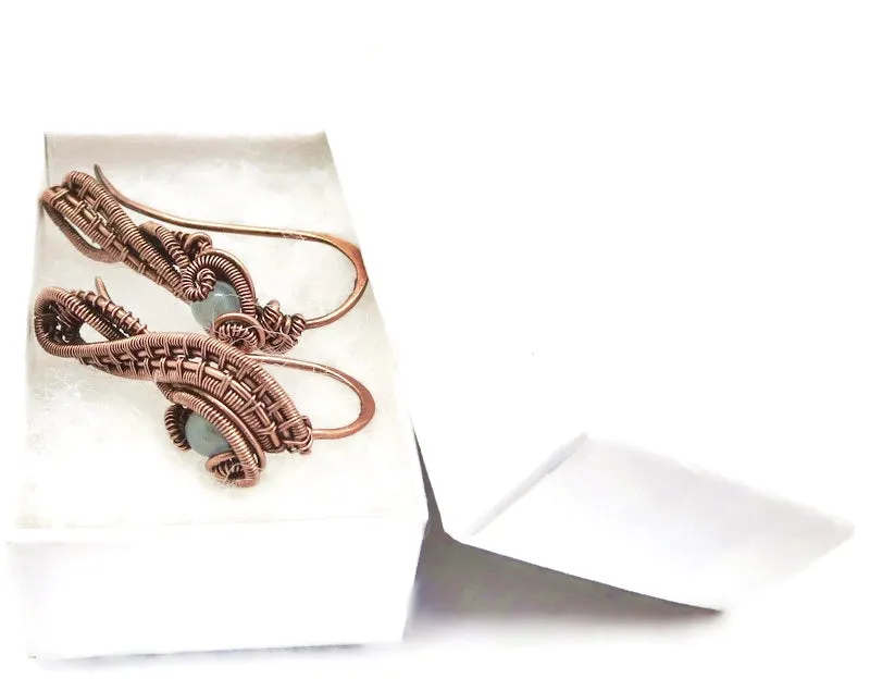 Woven Copper and Custom Gemstone Ear Pins; "Ball Ribbon" Model