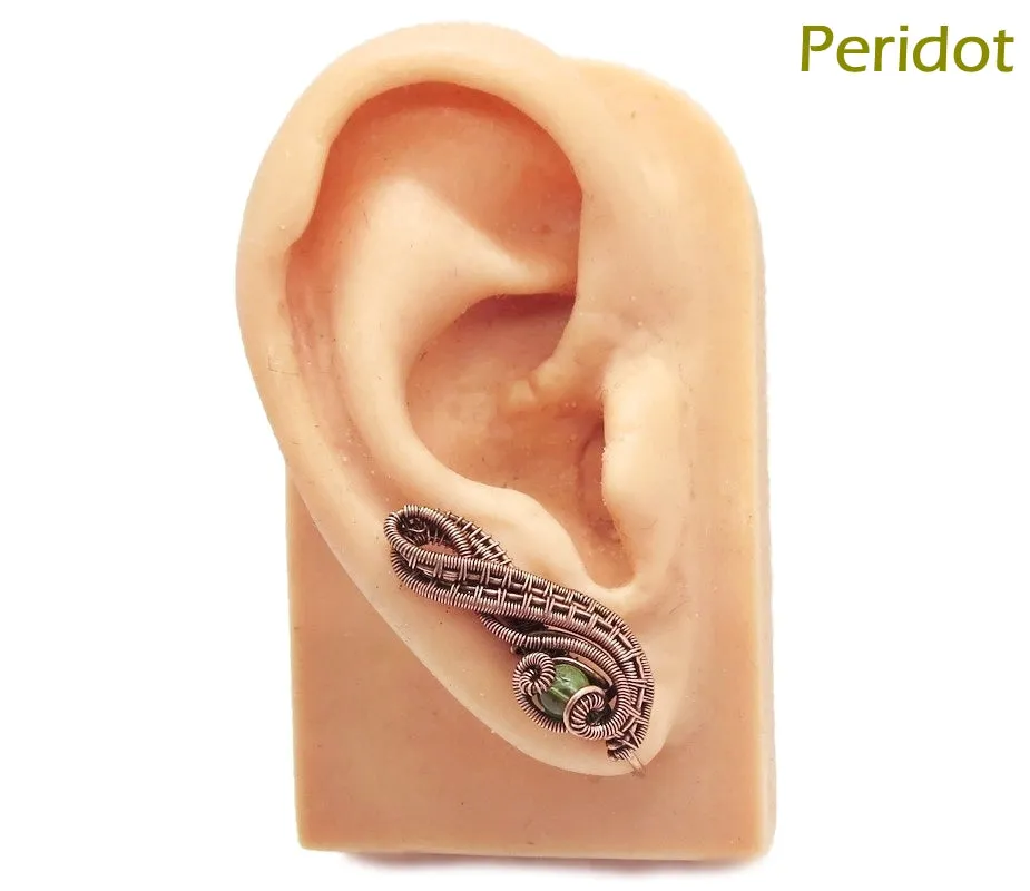 Woven Copper and Custom Gemstone Ear Pins; "Ball Ribbon" Model