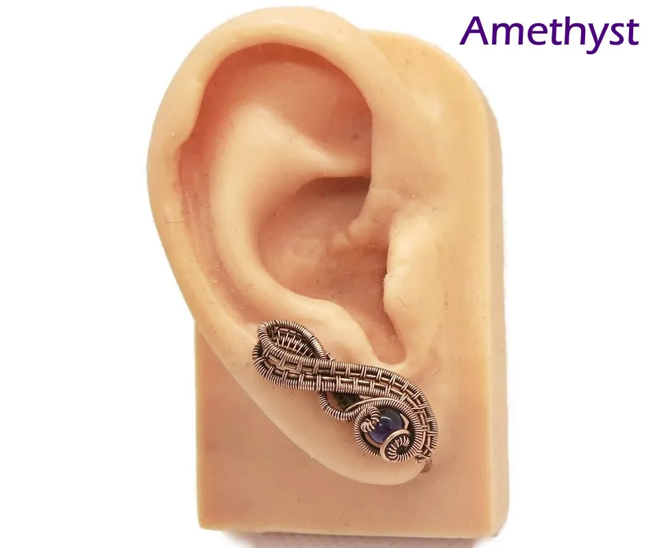 Woven Copper and Custom Gemstone Ear Pins; "Ball Ribbon" Model