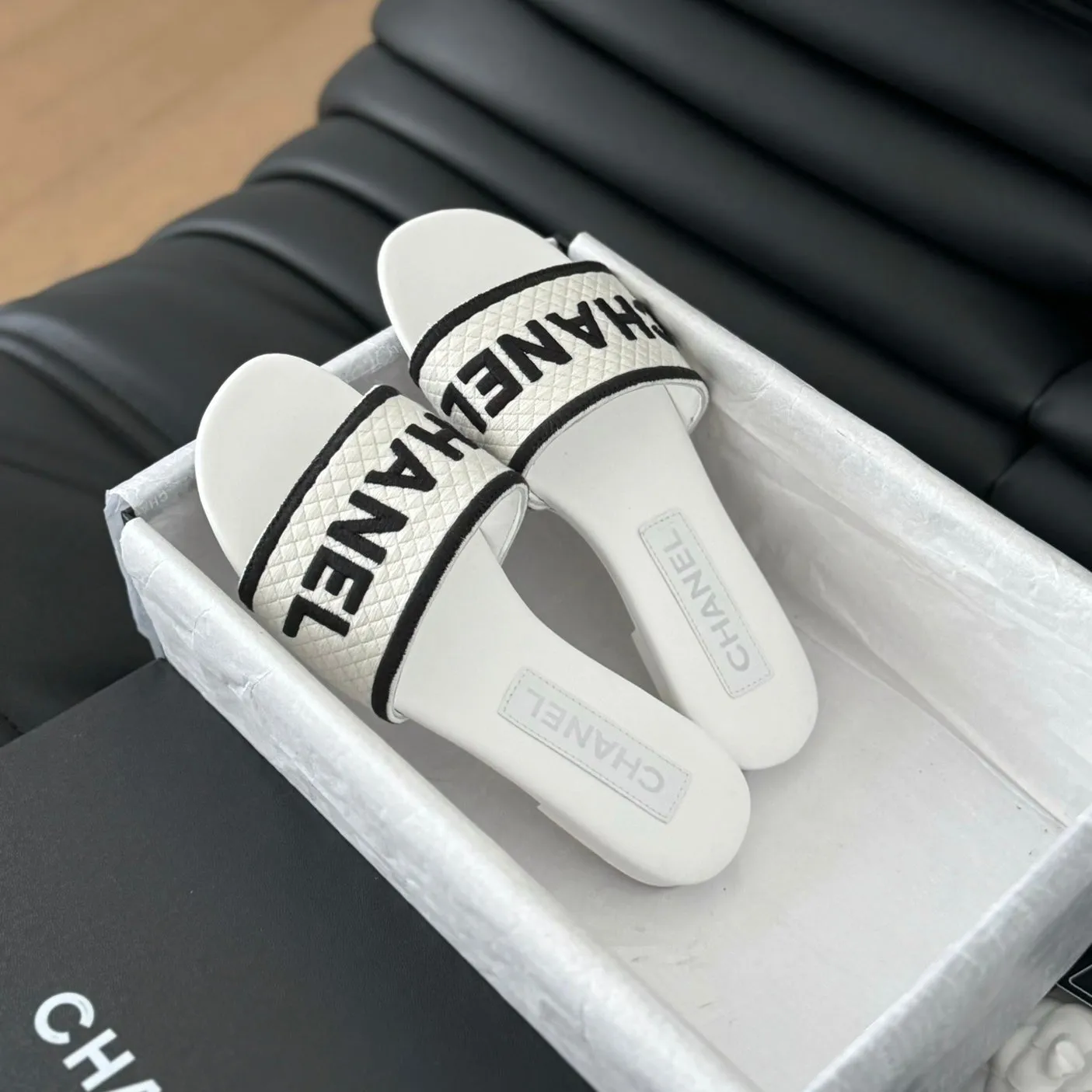Woven Embroidered Letter Slippers White Black