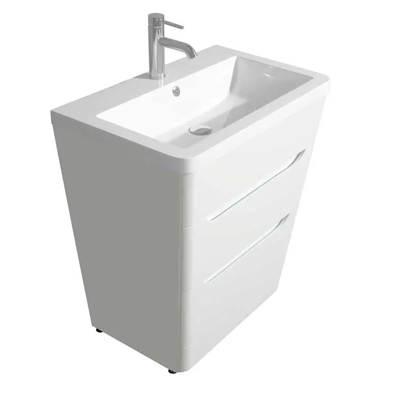 Wyndham Collection Caprice 30 inch Pedestal Bathroom Vanity in Glossy White, Acrylic-Resin Countertop, Integrated Sink, and 24 inch Mirror