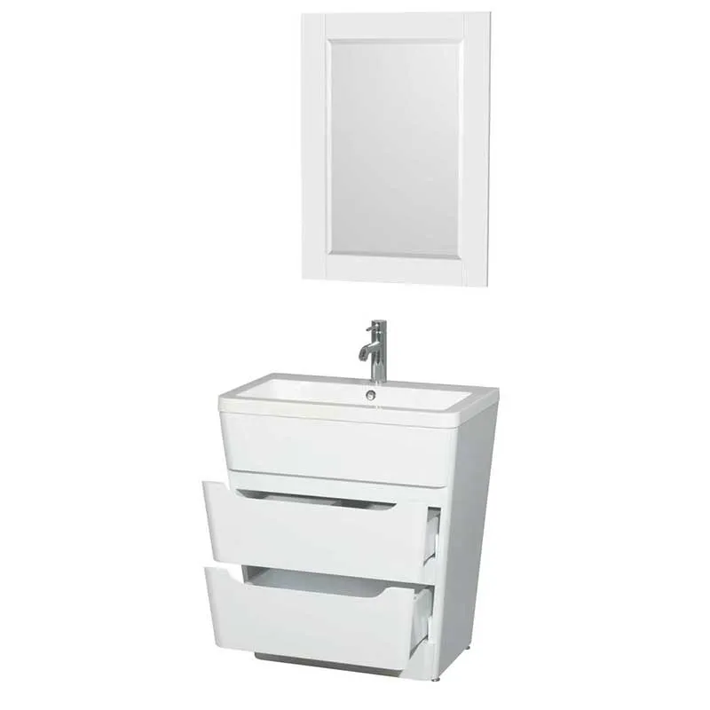 Wyndham Collection Caprice 30 inch Pedestal Bathroom Vanity in Glossy White, Acrylic-Resin Countertop, Integrated Sink, and 24 inch Mirror