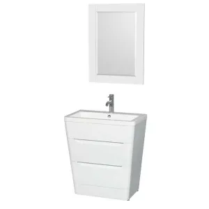 Wyndham Collection Caprice 30 inch Pedestal Bathroom Vanity in Glossy White, Acrylic-Resin Countertop, Integrated Sink, and 24 inch Mirror