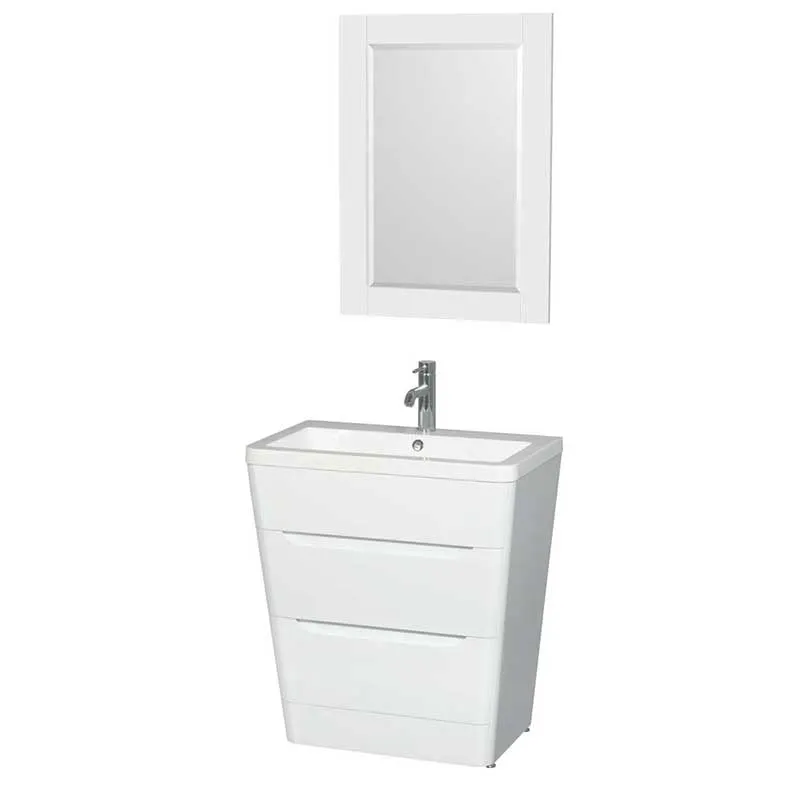 Wyndham Collection Caprice 30 inch Pedestal Bathroom Vanity in Glossy White, Acrylic-Resin Countertop, Integrated Sink, and 24 inch Mirror