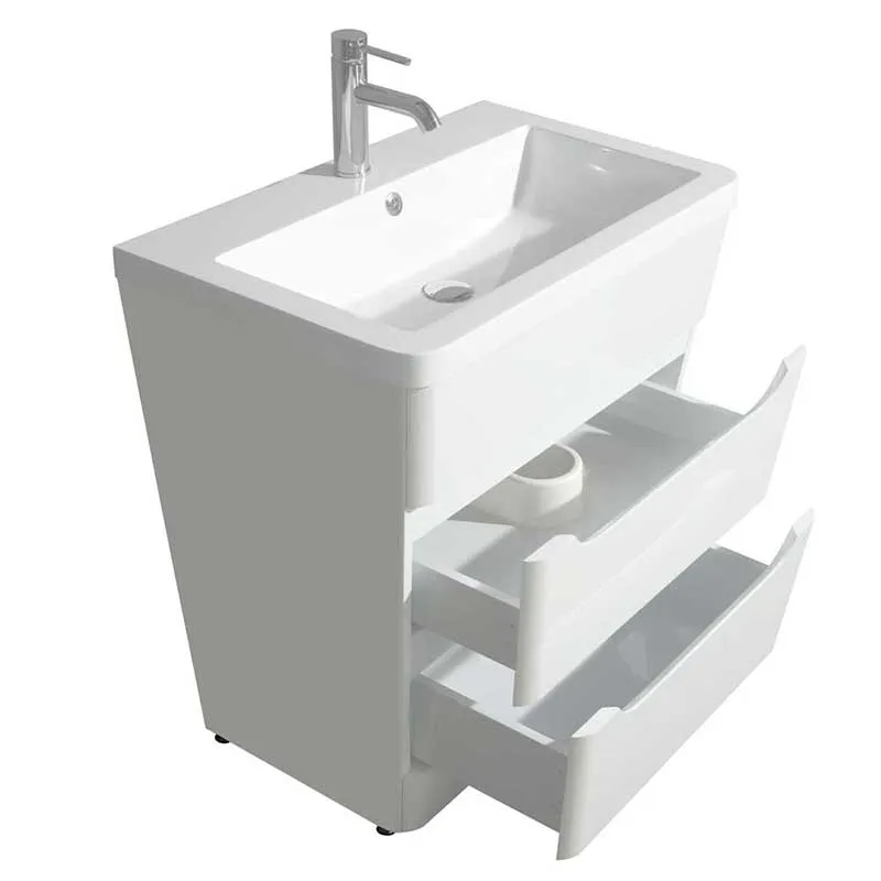 Wyndham Collection Caprice 30 inch Pedestal Bathroom Vanity in Glossy White, Acrylic-Resin Countertop, Integrated Sink, and 24 inch Mirror