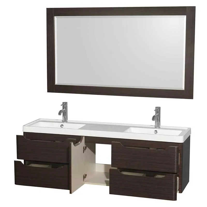 Wyndham Collection Murano 60 inch Double Bathroom Vanity in Espresso, Acrylic-Resin Countertop, Integrated Sinks, and 58 inch Mirror