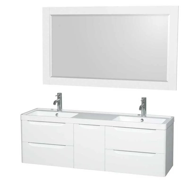Wyndham Collection Murano 60 inch Double Bathroom Vanity in Glossy White, Acrylic-Resin Countertop, Integrated Sinks, and 58 inch Mirror