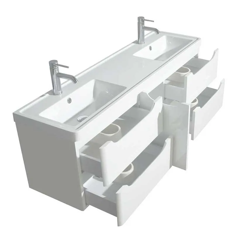 Wyndham Collection Murano 60 inch Double Bathroom Vanity in Glossy White, Acrylic-Resin Countertop, Integrated Sinks, and 58 inch Mirror