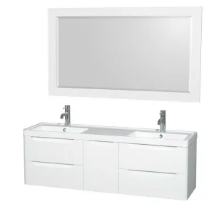 Wyndham Collection Murano 60 inch Double Bathroom Vanity in Glossy White, Acrylic-Resin Countertop, Integrated Sinks, and 58 inch Mirror