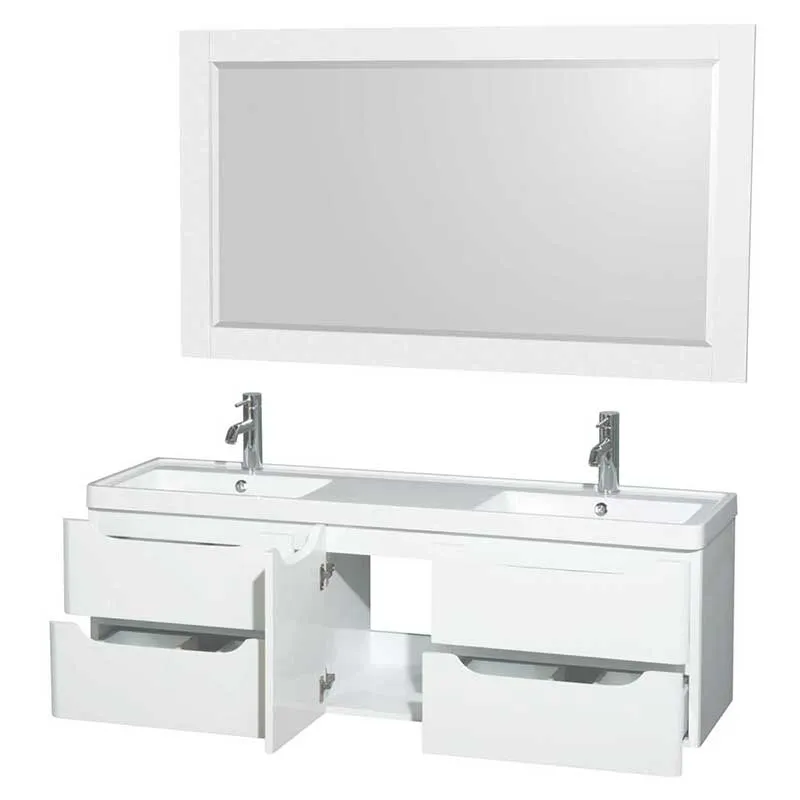 Wyndham Collection Murano 60 inch Double Bathroom Vanity in Glossy White, Acrylic-Resin Countertop, Integrated Sinks, and 58 inch Mirror