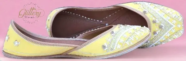 Yellow Leather Punjabi Jutti with Zardosi Work | Indian Mojari Shoes| Women's Khussa | Indian Ballet Flats