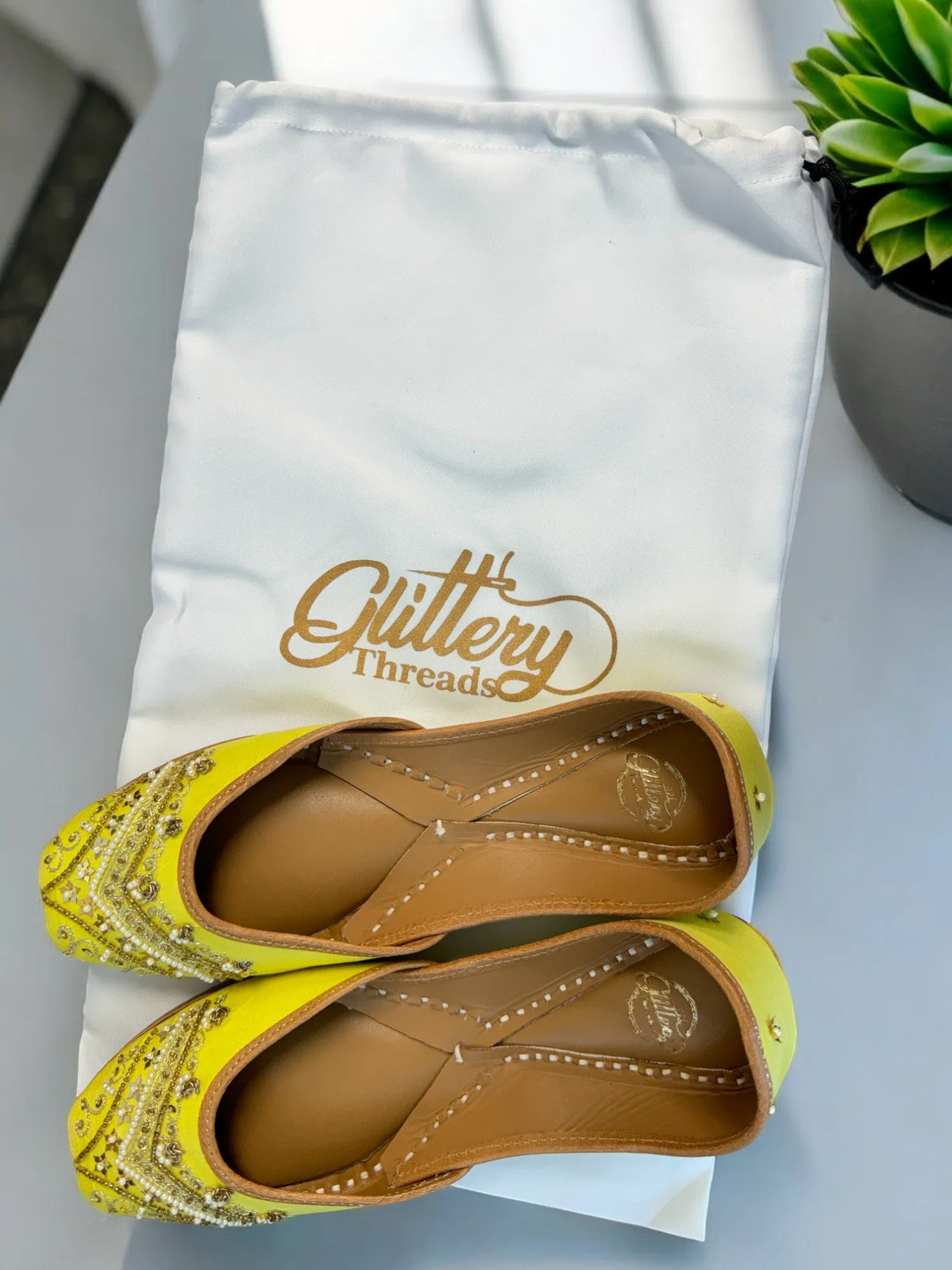 Yellow Leather Punjabi Jutti with Zardosi Work | Indian Mojari Shoes| Women's Khussa | Indian Ballet Flats