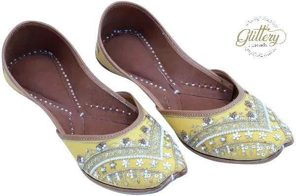 Yellow Leather Punjabi Jutti with Zardosi Work | Indian Mojari Shoes| Women's Khussa | Indian Ballet Flats